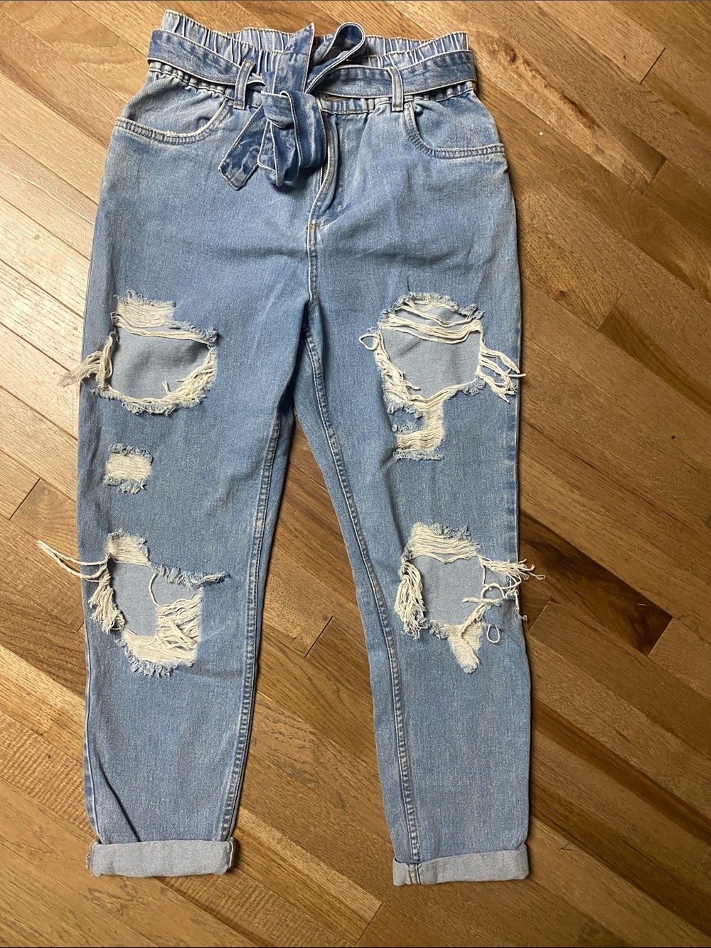 Light Blue Distressed MOM Jeans with Paperbag Waist and Tie